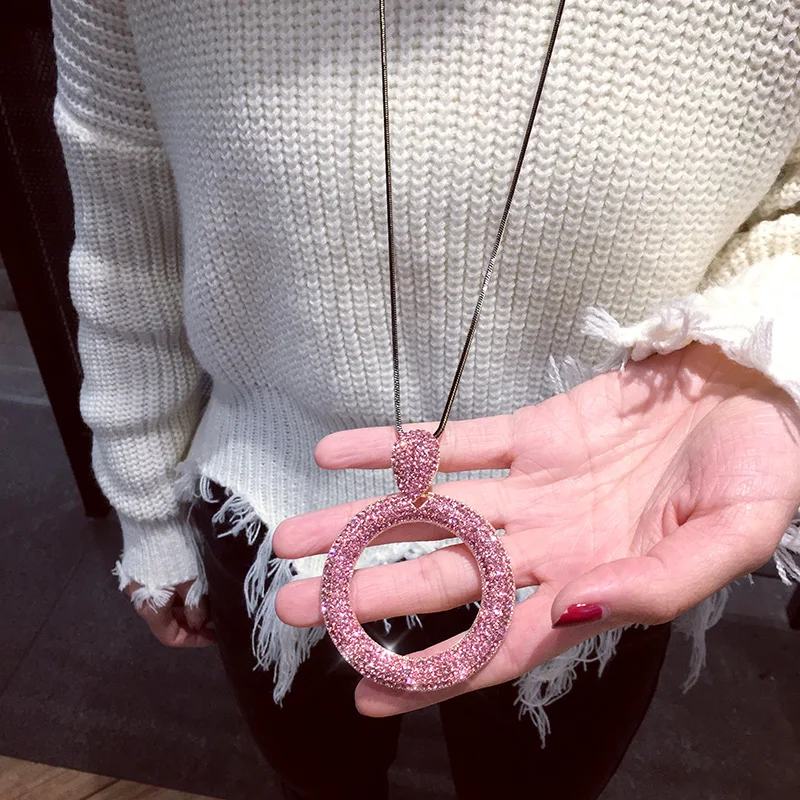 Новый Модные украшения со стразами круг кулон длинной цепи свитер Цепочки и