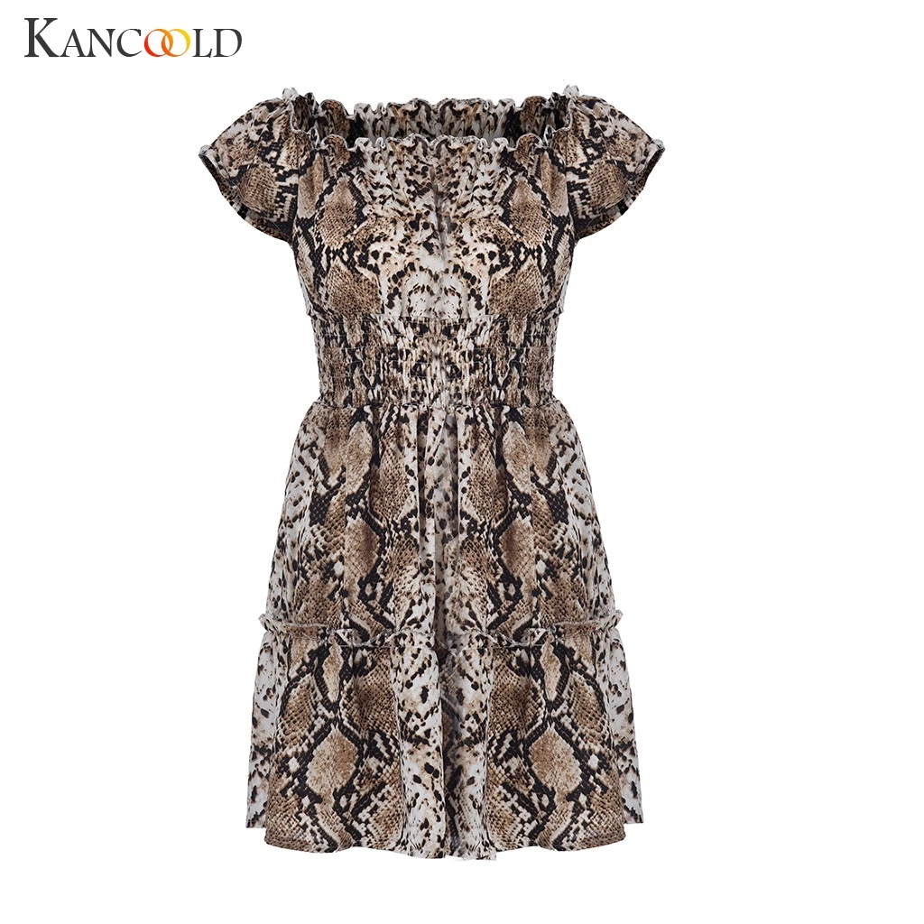 Женское платье с леопардовым принтом KANCOOLD Летнее мини открытыми плечами
