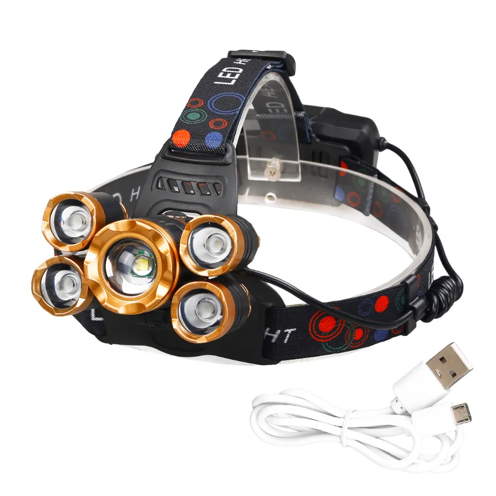 Outdoor Waterproof 15000LM 5-LED T6 USB LED Headlamp Rechargeable Zoom HeadLight 5 Modes Torch + 18650 Battery Cable | Освещение