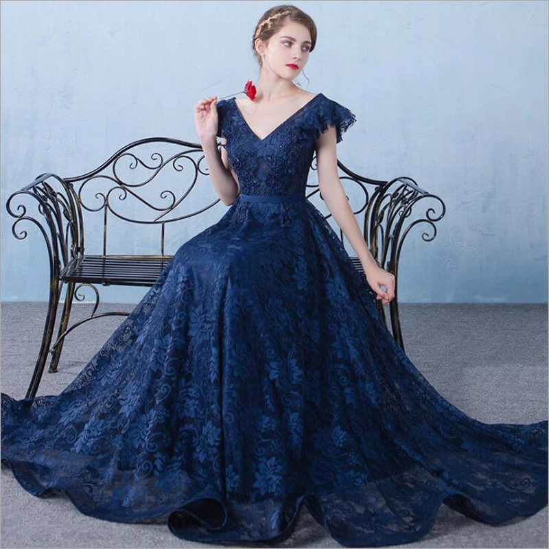 

New Vintage V Neck A-Line Long Evening Dress Navy Blue Tulle Sexy Prom Party Dresses Custom Sizes