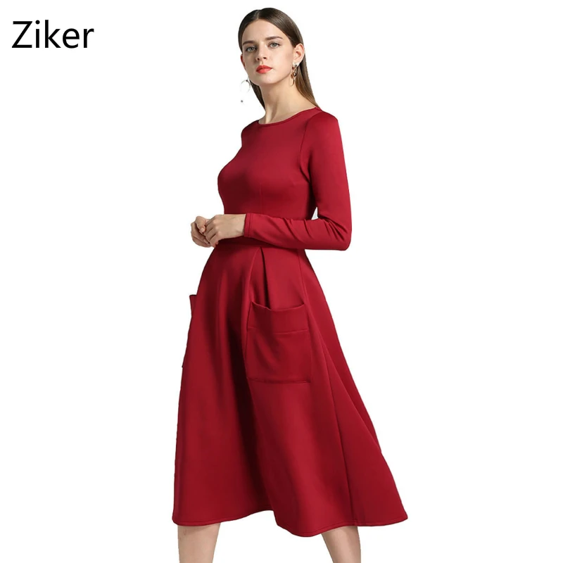 Осень зима Для женщин Платья для Новая мода o образным вырезом с длинным рукавом