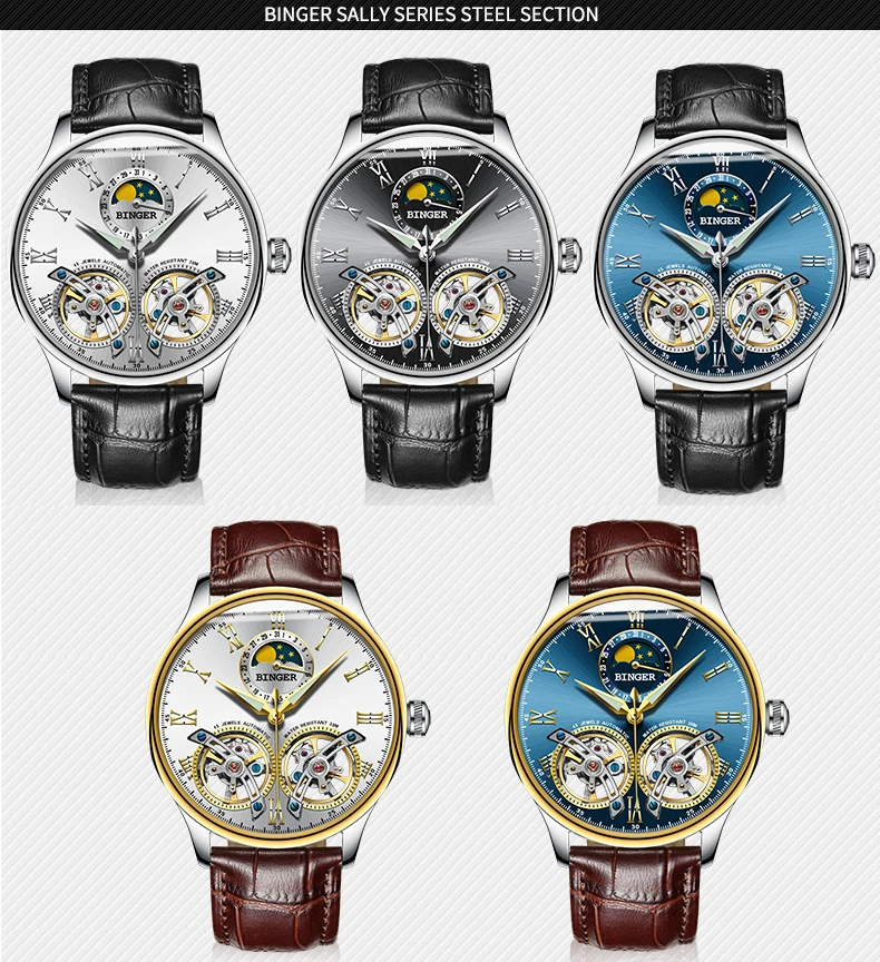 Швейцарские BINGER Роскошные автоматические часы Moon Phase для мужчин с двойным турбийоном для мужчин s Скелет механические часы для мужчин бренд Relogio