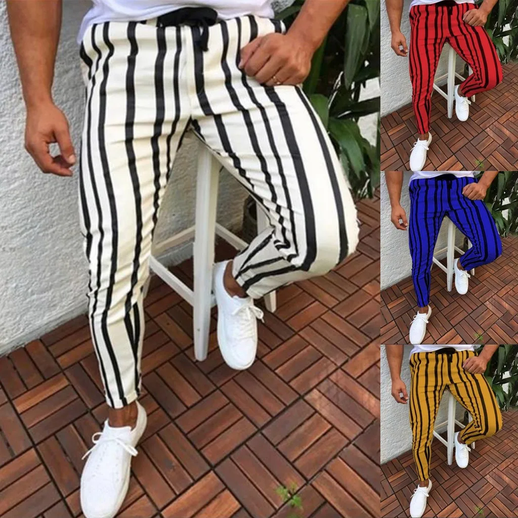 Мужские повседневные длинные брюки спортивные Прямые облегающие в полоску стиле