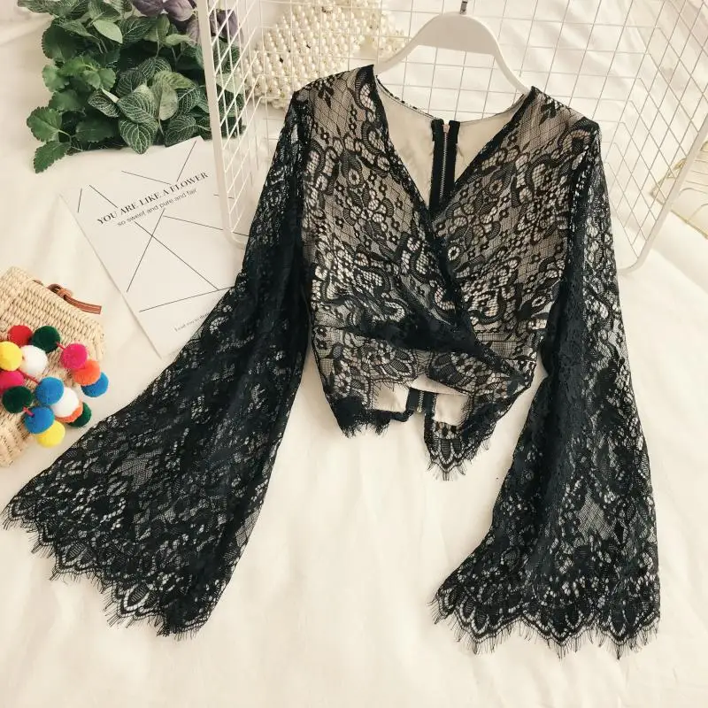 2018 новые модные женские кружевные блузка рубашка осень ретро V шеи длинный рукав