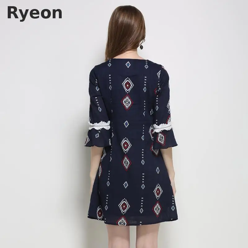 Ryeon L-5xl Плюс Размер Милые Женщины Dress Print Three Четверти аппликации Выше Колена Мини