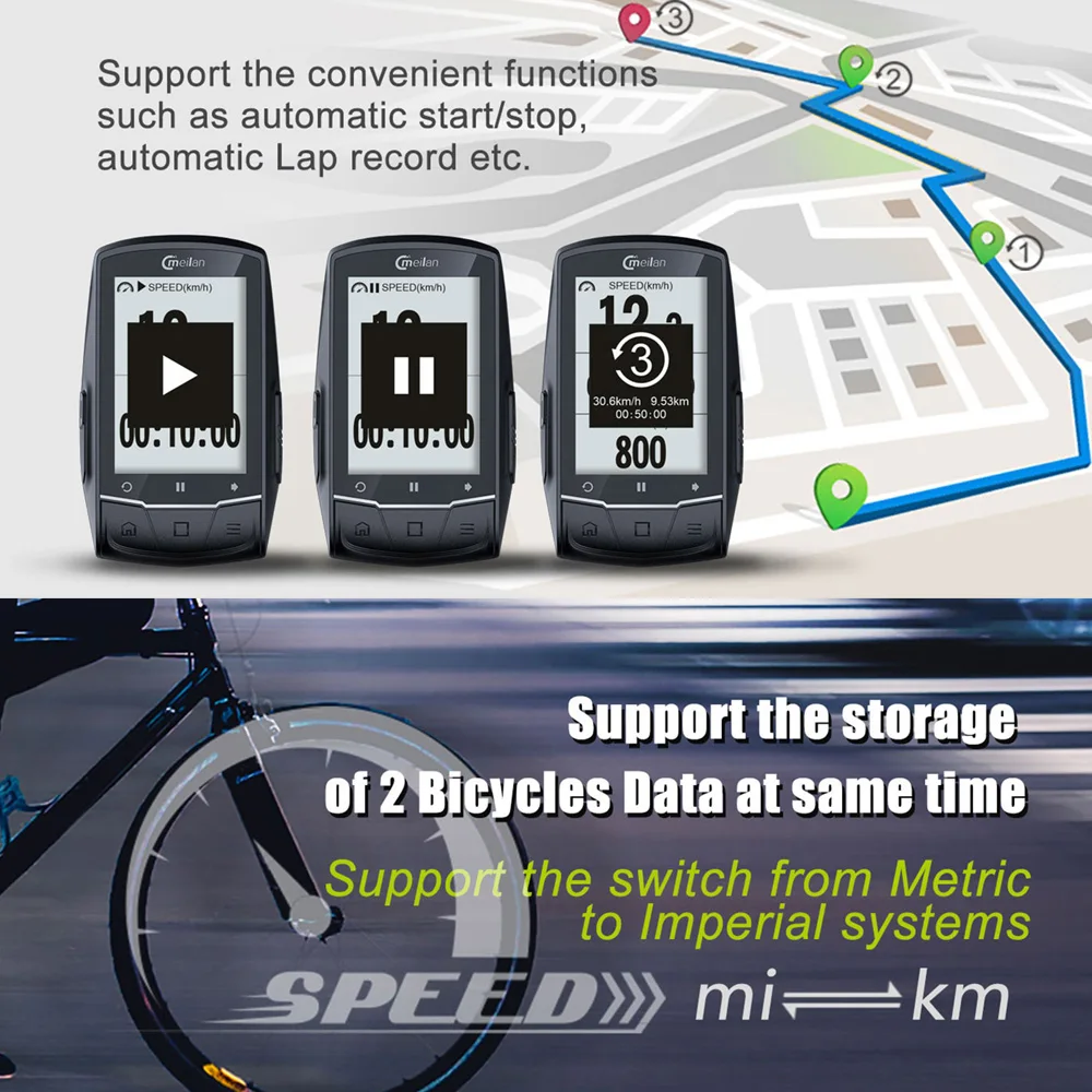 MEILAN M1 GPS Navigation Bike Computer Peedometer Candence Heart Rate 2.6" BLE4.0 Bicycle Computer Speedometer
