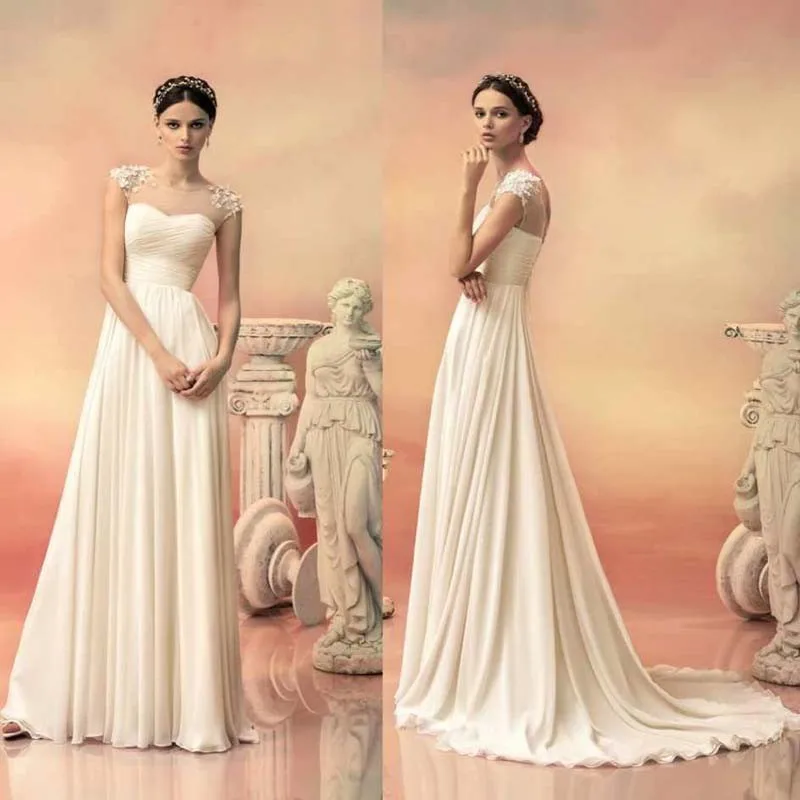 Sarahbridal Элегантные Линии Белый Шифон Свадебные Платья Лозы Pleat Sexy Sheer Шеи С
