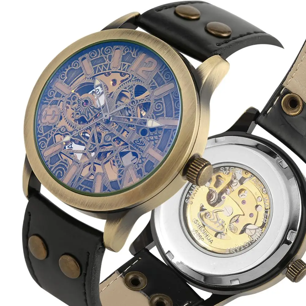 Мужские наручные часы с бронзовым корпусом автоматические механические выемкой