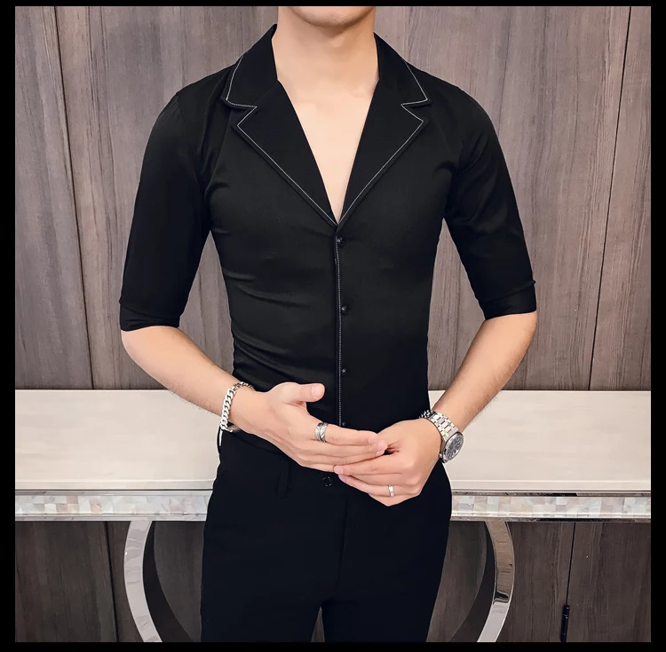 Solid Color Seven-quarter Sleeve Shirt Man Kemeja Pria Camisa Masculina Suit Collar Casual Style Half Sleeve Mens Camisa Hombre
