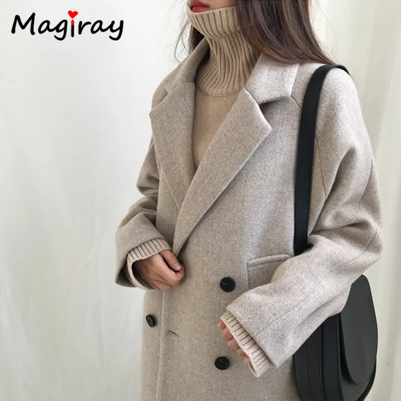 Magray шерстяное пальто женское с длинным рукавом воротник верхняя одежда длинная куртка Корейская Повседневная Осень Зима элегантное пальто шерстяное пальто 107
