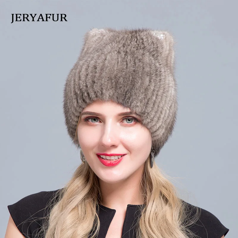 Женская зимняя шапка JERYAFUR лыжная из норкового меха пуловер со стразами меховая с