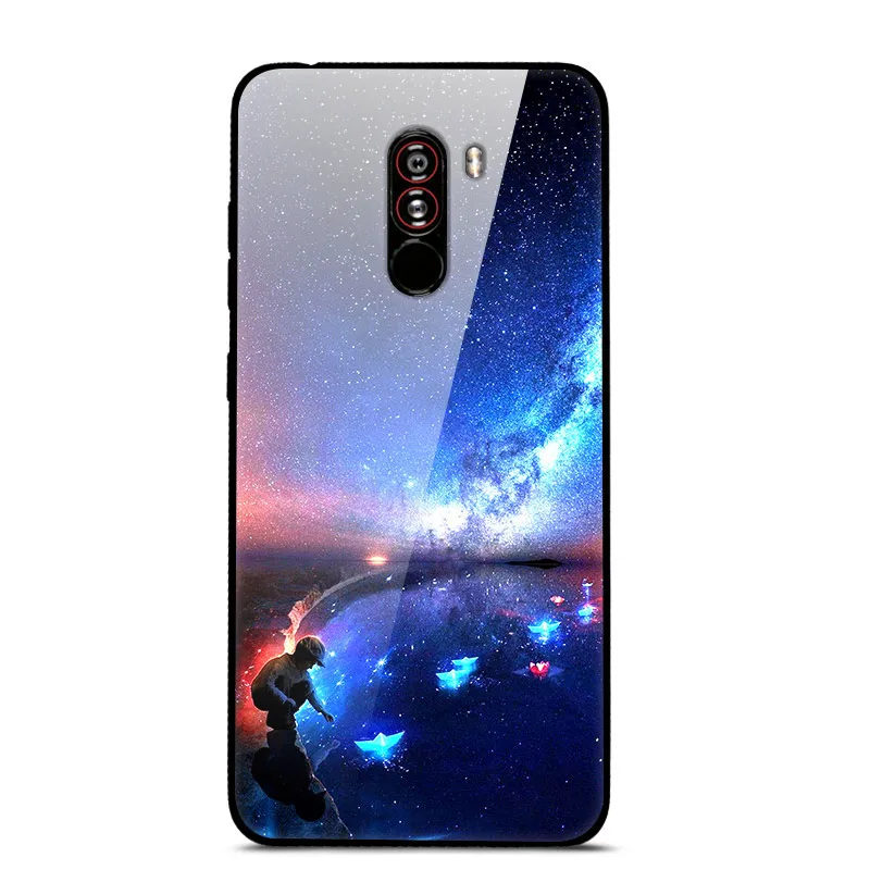 Озерный синий Чехол для Xiaomi Pocophone F1, закаленное жесткое заднее стекло, чехол для Xiaomi Poco F1, силиконовый мягкий бампер, чехол с принтом - Цвет: Озерный синий