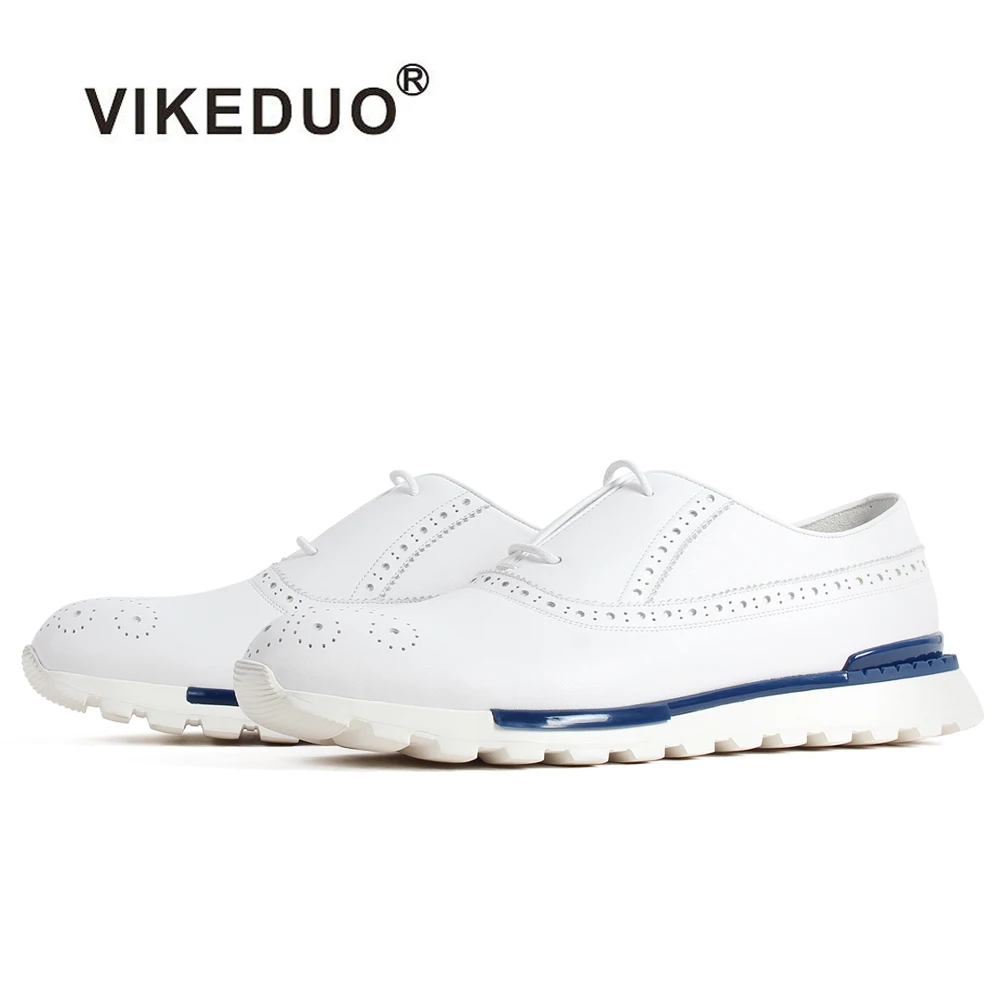 

VIKEDUO White Genuine Calf Skin Sneakers Brogue Lace-Up Rubber Sole Handmade Bespoke Men's Shoes Casual Sports Leather Footwear