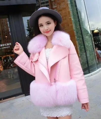 Кожаная куртка Для женщин розовый мех пальто Пушистый искусственного кролика