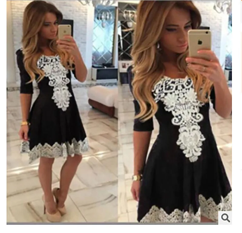 Модное вязаное кружевное платье для женщин с высокой талией Миди 1/2 короткими
