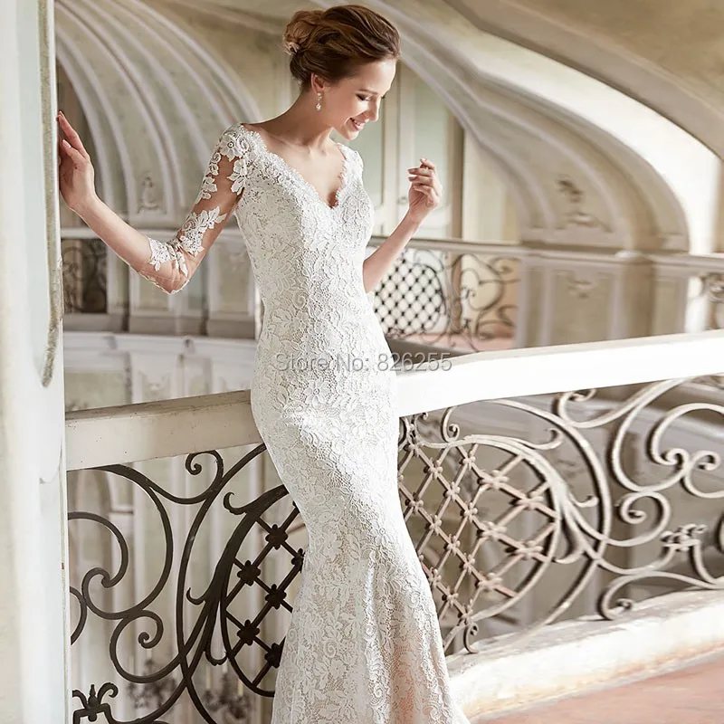 2017 New Arrival Free Shipping Sheath V Neck High Quality 3/4 Sleeve Lace Backless Charming Wedding Dress/Bridal Gown ZH0485 | Свадьбы и
