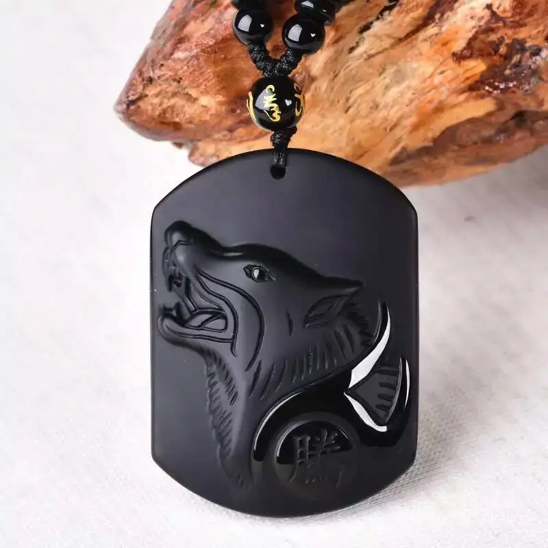Natural Black Obsidian Carving Wolf Head Amulet pendant free necklace obsidian Blessing Lucky pendants fashion Jewelry | Дом и сад