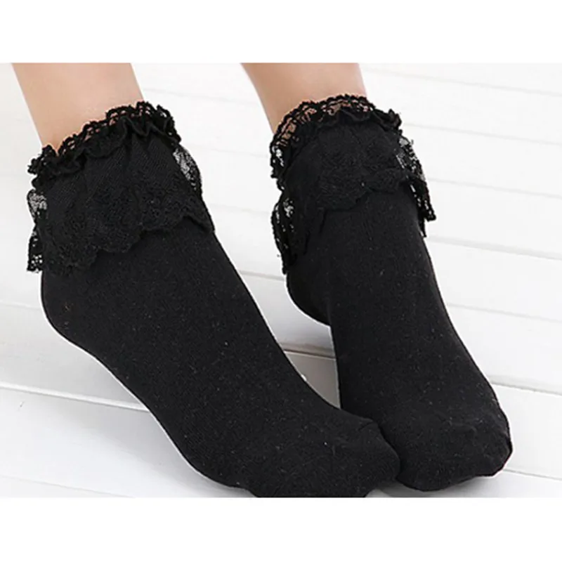 Новые черные модные женские милые винтажные кружевные носки принцессы с рюшами и