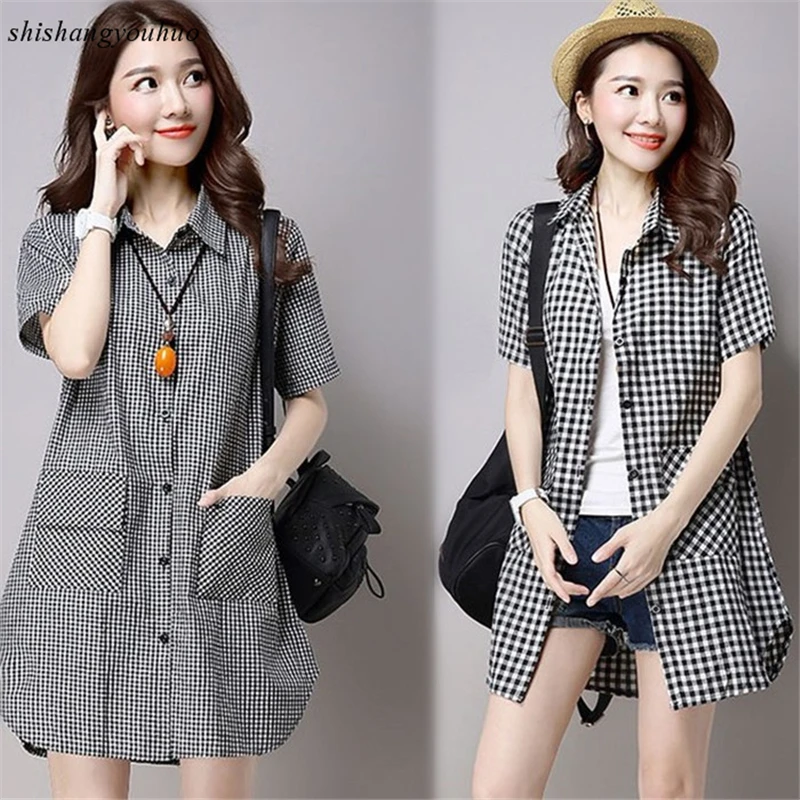 2017 New Summer Autumn Women Long Shirts Loose Large Size Cotton Plaid Shirt Lady Fashion Casual Short Sleeve Wild Simple |