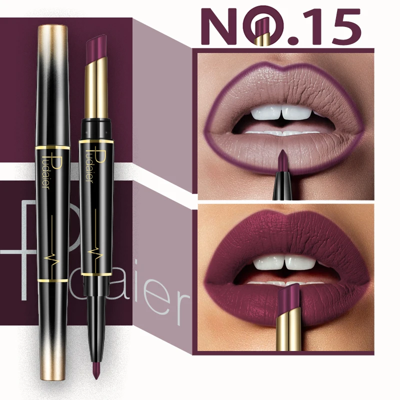 Color 15 Pudaier, 1 шт., 16 цветов, двойная головка, модный карандаш для губной помады, водостойкий макияж, полуматовый карандаш для губ, бархатные Жидкие помады - Цвет: Color 15