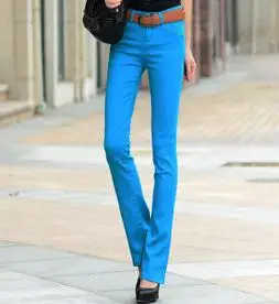 Большие размеры длинные штаны ярких цветов эластичные джинсы женские брюки