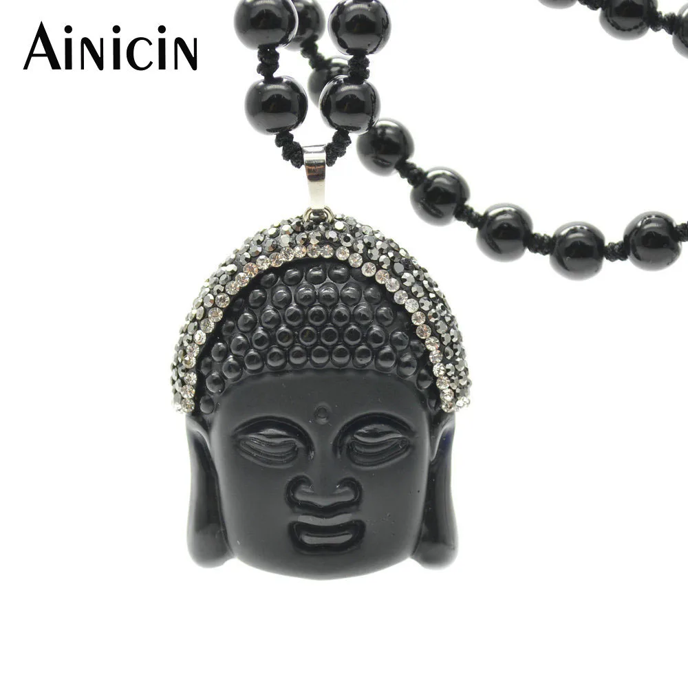 

5pcs Rhinestone Crystal Paved Black Guanyin Buddha Carved Pendant With 18~24 Inches Chain Necklace for Women Fashion Jewelry