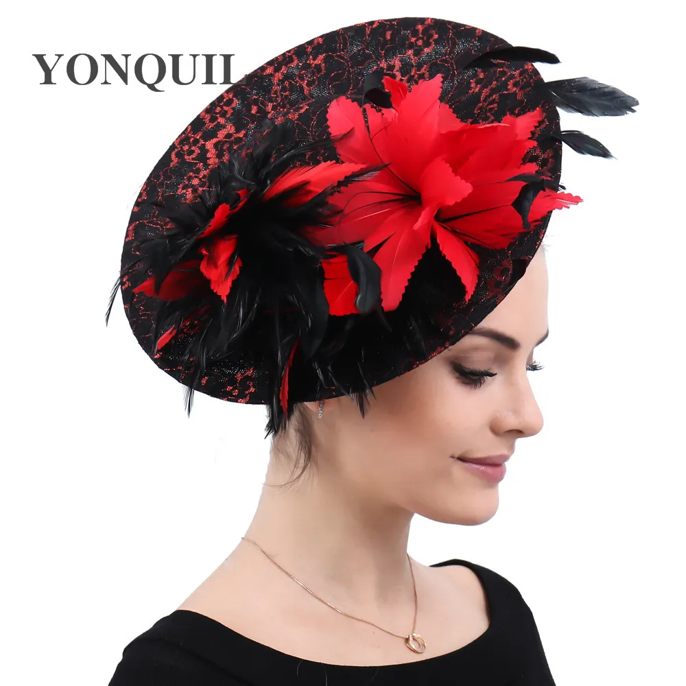 

Black Cocktail Headwear Kentucky Derby Fascinator Hat For Women Red Feather Flower Sinamay Hats Wedding Party Female Headbands