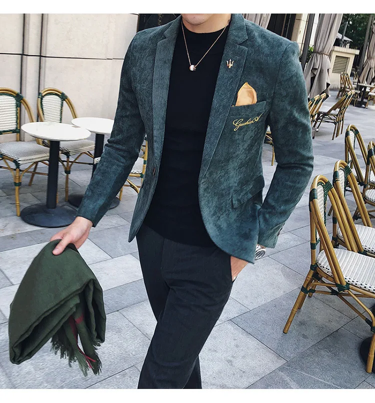 Мужской Блейзер, пиджак, золотая вышивка, Terno Masculino, корейский мужской блейзер, вельветовый Блейзер, Мужской приталенный, зеленый, хаки, серый