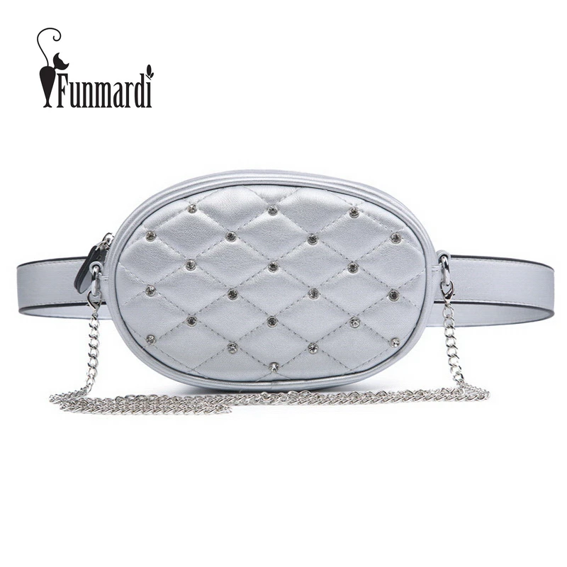 FUNMARDI Алмазный дизайн Поясные Пакеты Серебряные стеганые сумки Через Плечо из PU