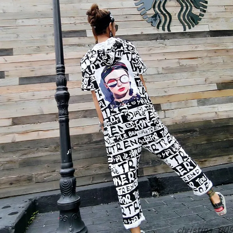 

Summer Women High Street Letter Printed Ankle-Length Pants Hip Hop Design Short Sleeve Jumpsuit Hooded One Piece Overalls Shein