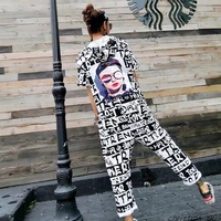 summer women high street letter printed ankle length pants hip hop design short sleeve jumpsuit hooded one piece overalls shein
