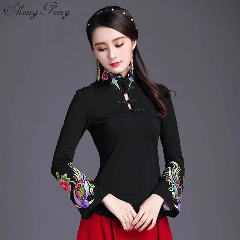 Cheongsam Топ Традиционный китайский одежда для женщин длинные рукава в национальном стиле топы для женщин в винтажном стиле жидкости CC229 - Цвет: 1