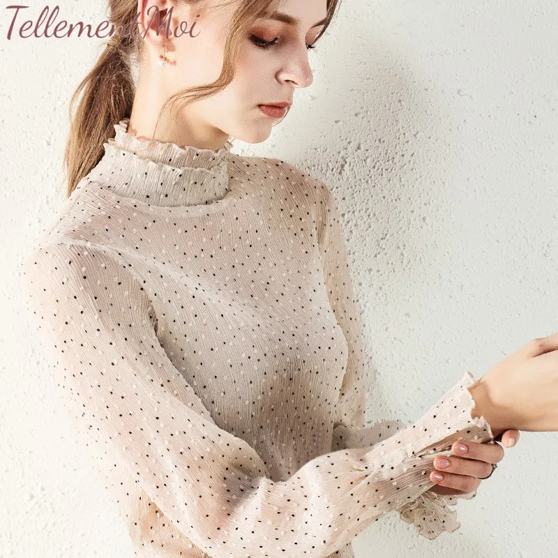 Spring Summer Sexy Sheer Shirt Women Turtleneck Tops Chiffon Ruffled Long Sleeve Slim Ladies Streetwear Tees Sweet Blouse Shirts |