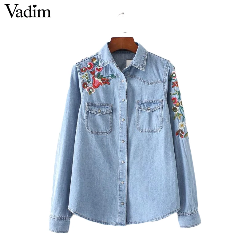 Для женщин Сладкий Цветочная вышивка джинсовые рубашки карманов Длинные рукава