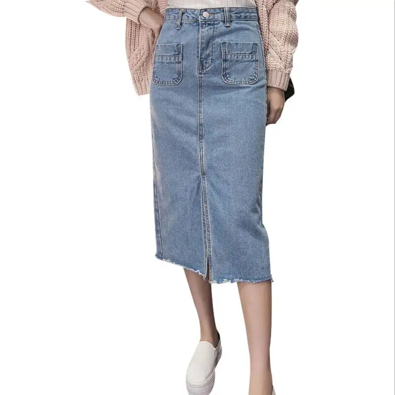 light blue Джинсовые юбки, новинка, Женская Повседневная прямая джинсовая юбка миди, весна-осень, с карманами, с разрезом, высокая талия, до середины икры, Femininas - Цвет: light blue
