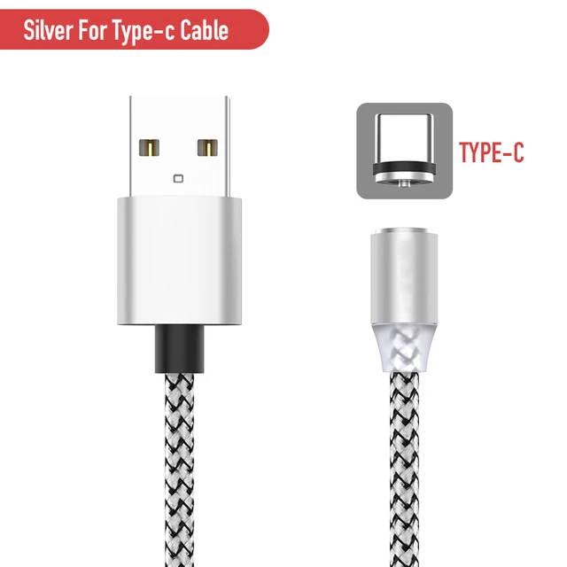 Магнитный светодиодный кабель в оплетке type-C Micro USB Магнитный usb кабель для зарядки Apple iphone X 7 8 6 Xs Max XR samsung s9 шнур - Цвет: Silver for Type-C