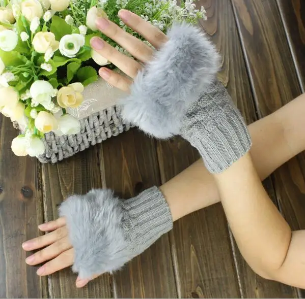 Light gray Милые модные зимние вязаные меховые без пальцев с искусственным Кроликом, вязаные перчатки для женщин, мягкие теплые варежки на запястье, G11 - Цвет: Light gray