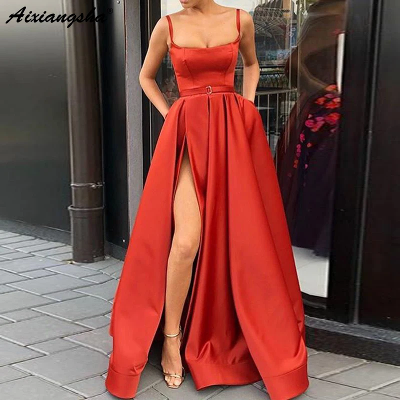 

Custom Made Square Collar A-Line Spaghetti Straps Satin High Slit Prom Formal Gowns with Pockets Sexy Organge Evening Dresses