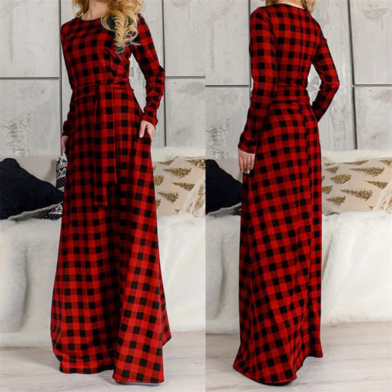 Rauen Herbst Rot/Blau клетчатые Boho Kleider Damen Langarm повседневные Mode Lange Макси Kleid вечерние Strand
