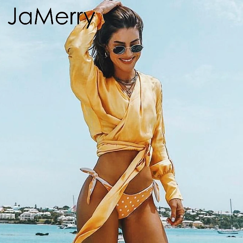 JaMerry Сексуальная атласная v образным вырезом блузка рубашка Топы корректирующие