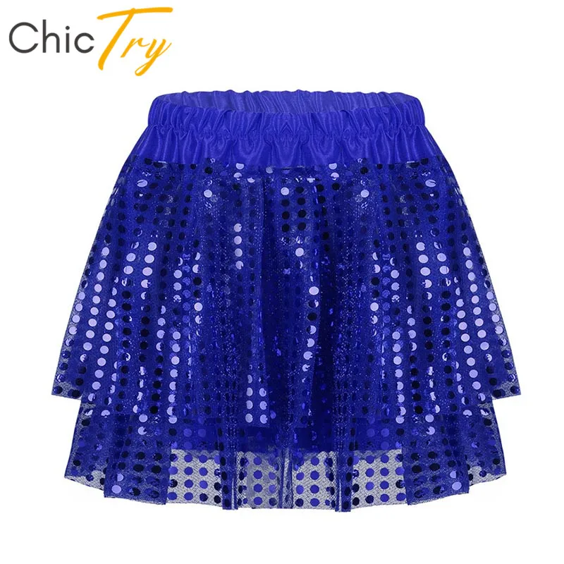 

ChicTry Kids Girls Shiny Sequins Stage Performance Dance Costume Children Elastic Waistband Latin Jazz Dancing Tiered Tutu Skirt