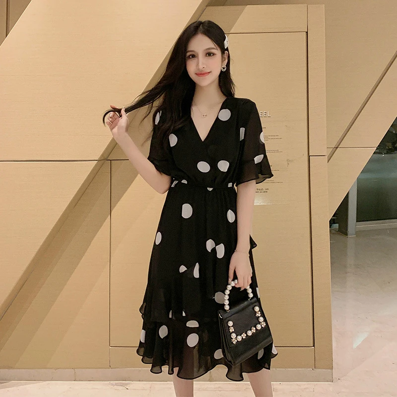 

Plus Size Roupas Feminina Wrap Dress Print Polka Dot Dress Summer 2019 Women Clothes Flare Sleeve Ruffles Midi Ladies Dresses