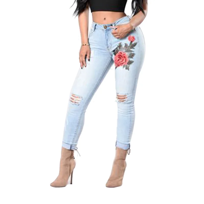 Женские летние джинсы 2018 с высокой талией и вышивкой модные эластичные