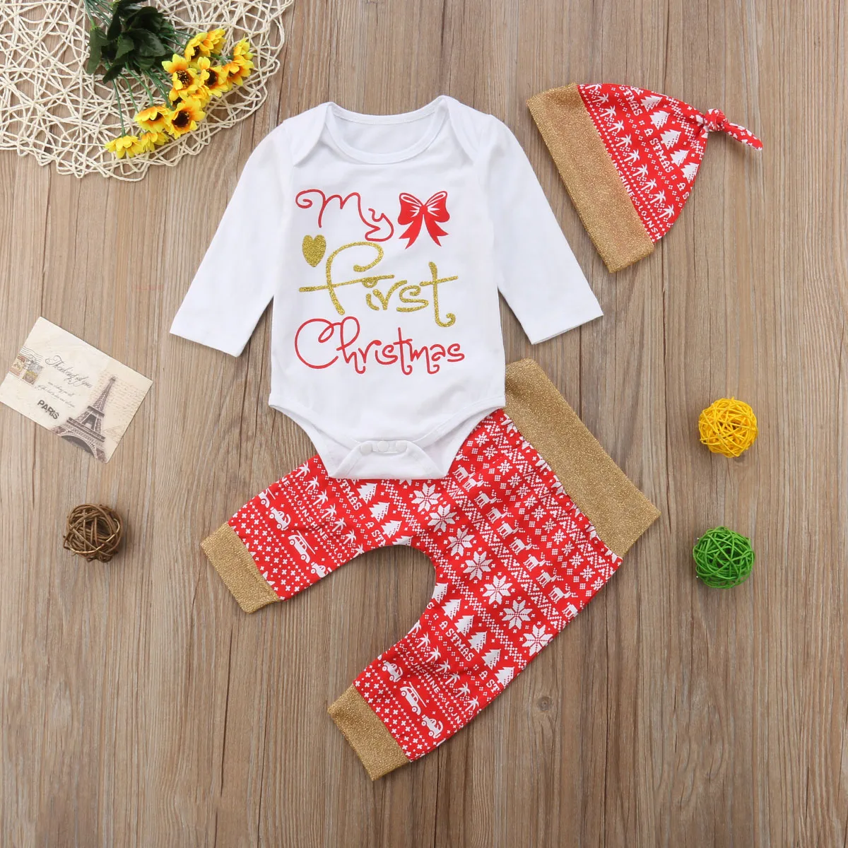 3PCS Set My First Christmas Newborn Baby Boy Girl Cotton Romper Tops+Long Pant Hat Outfits Xmas Clothes | Детская одежда и обувь