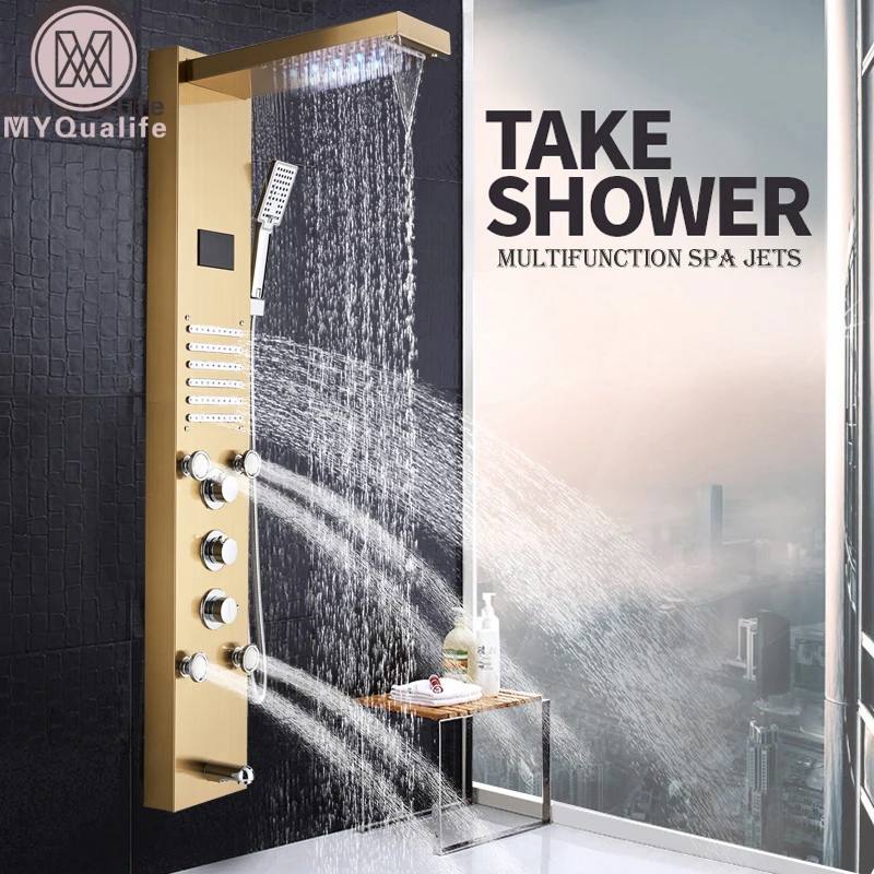 

Golden Shower Panel LED Light Bathroom Bath Shower Column Tower Digital Screen Waterfall Rain shower Mixers Rotate Massage Jets