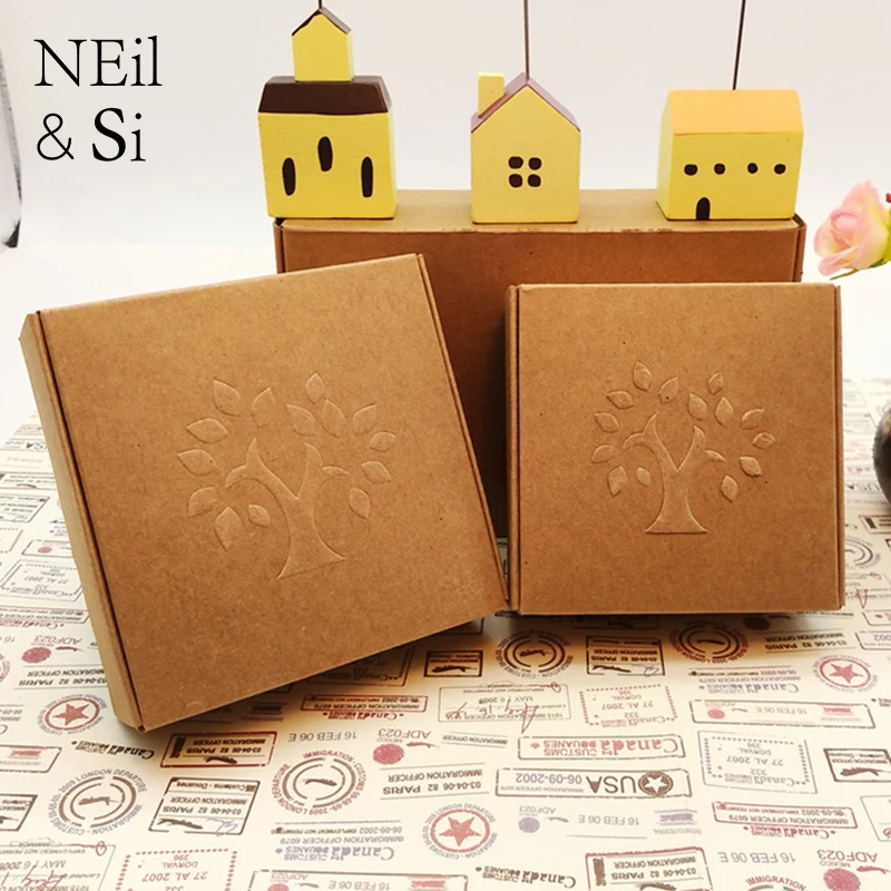 

Embossing Tree Kraft Paper Box for Wedding Candy Craft Gift Handmade Soap Packaging Brown Boxes Free Shipping
