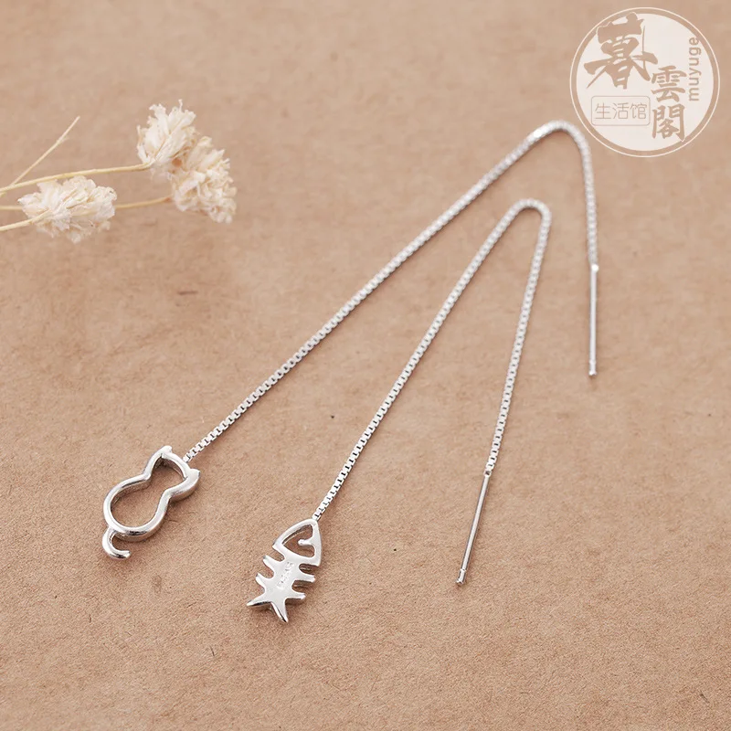 Серьги женские длинные серебряного цвета с котом и рыбкой|Серьги-гвоздики| |