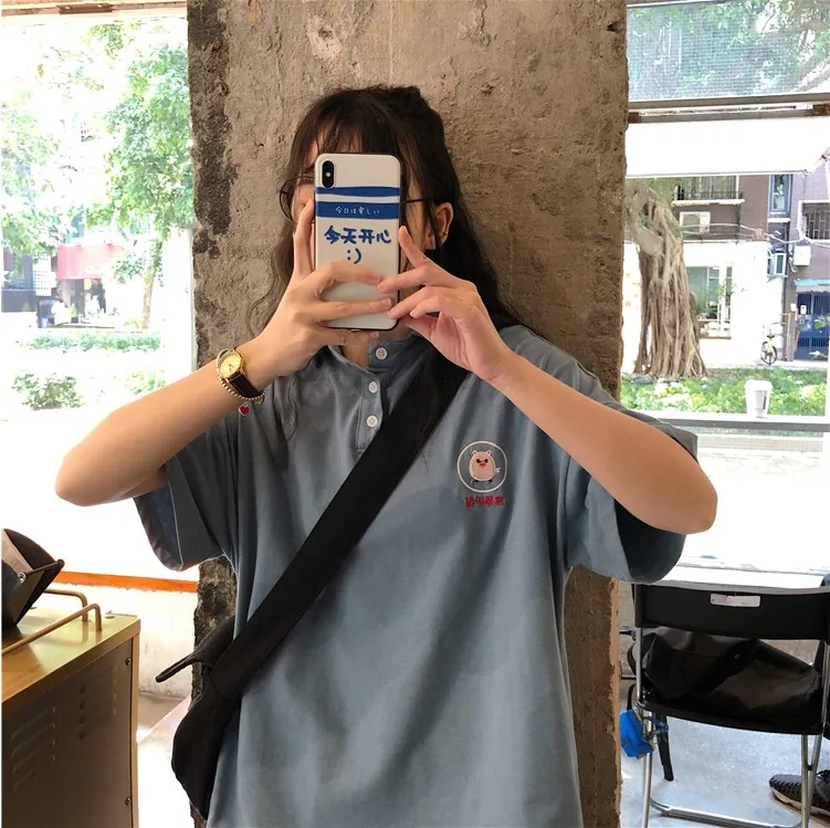 Для женщин PoloShirt Хлопок мультфильм милый свинья вышивка короткий рукав тенниски летние женские свободные Повседневное элегантный дизайн топы YT5027