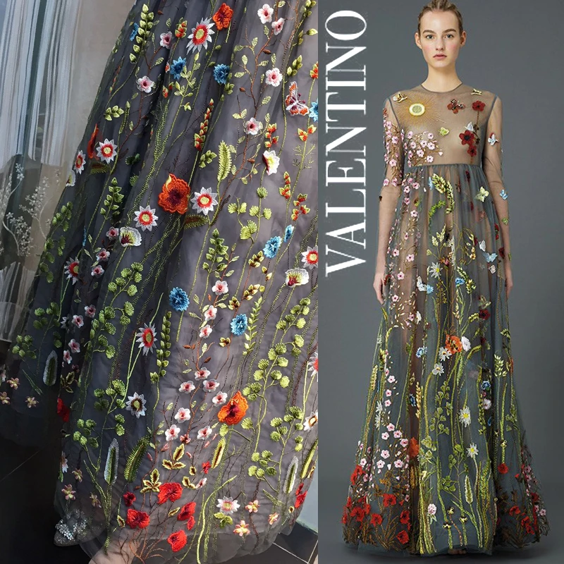 Сетчатая ткань с вышивкой черный серый прозрачный шикарный цветочный узор