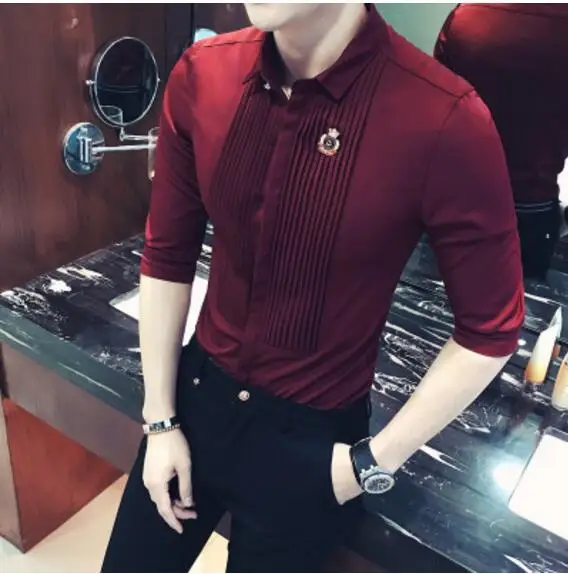 wine red CH. КВОК три четверти мужская формальная Бизнес Сорочки для жениха черный, белый цвет бордовый Летняя мода Camisa социальной masculina 5XL 4XL 3XL - Цвет: wine red